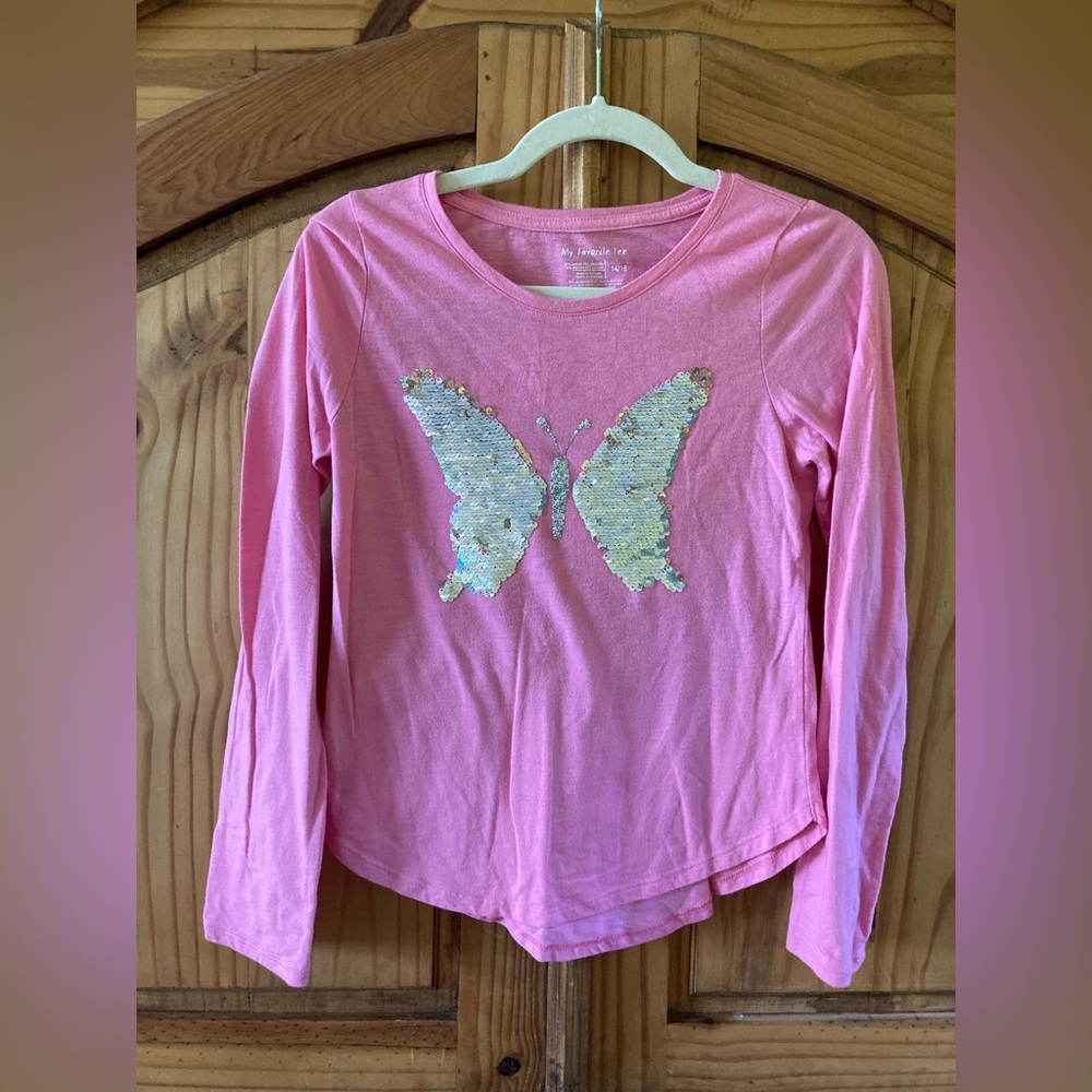 Girls My Favorite Tee pink sequins butterfly long sleeve t-shirt - size 14/16